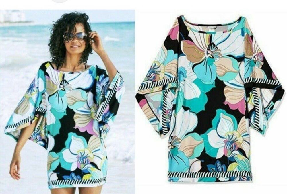 Trina Turk Sintra Flora Tunic Mini Dress Size S Kimono Swim Cover Up Tropical